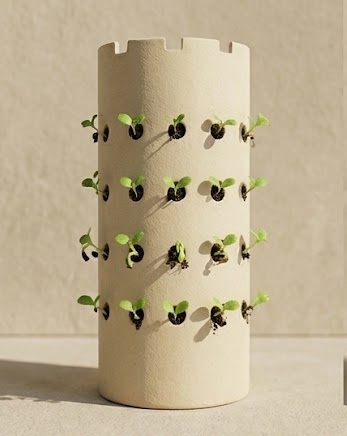 Aeroponic tower with early sprouting plants